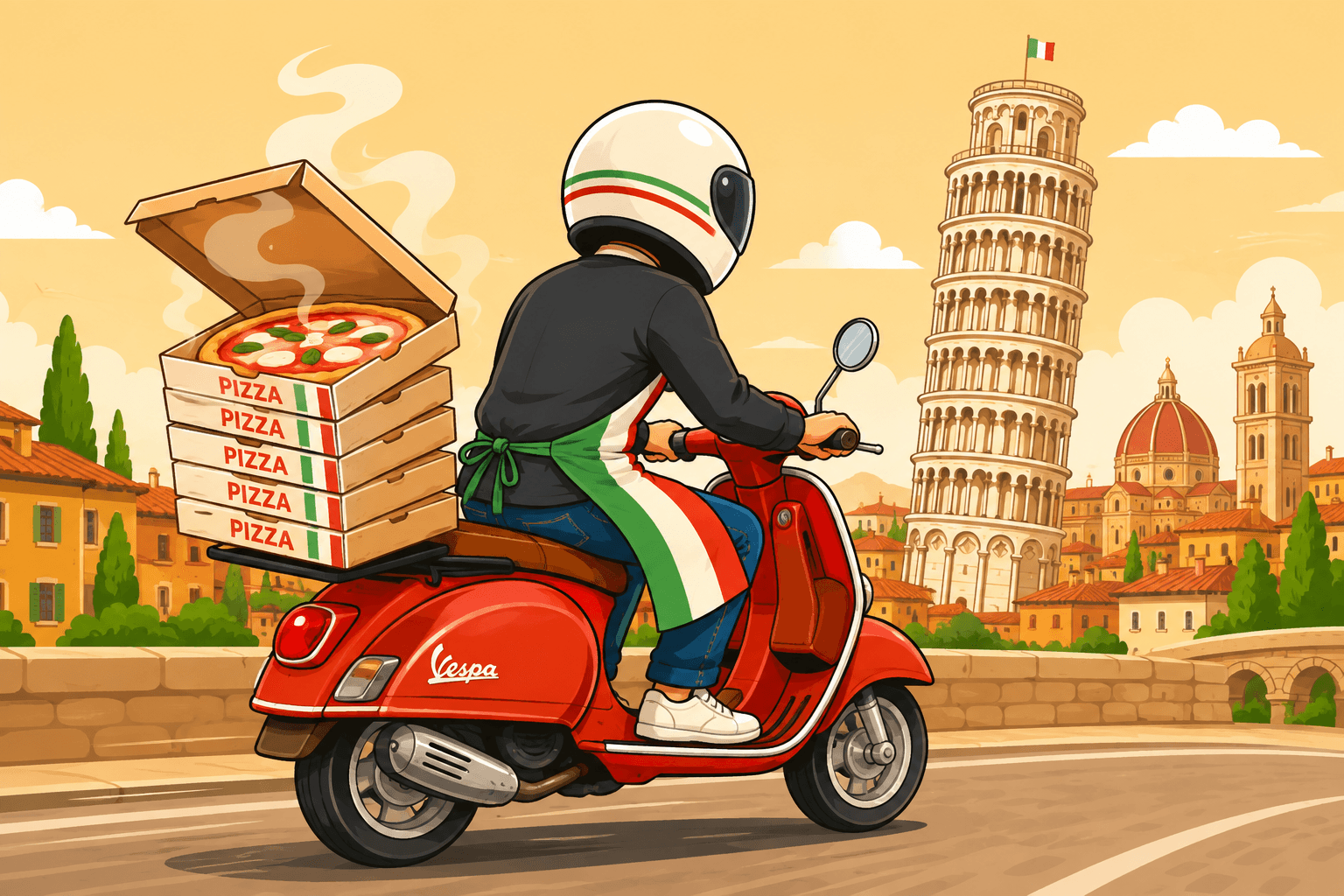 Livreur de la Pizzeria da Marco prêt à livrer une pizza fraîchement préparée