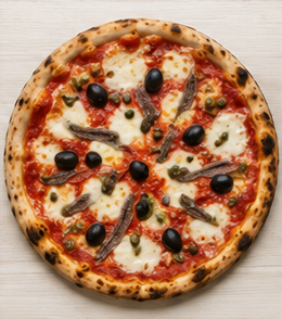 Pizza Napoletana aux anchois, câpres et olives noires, sur assiette