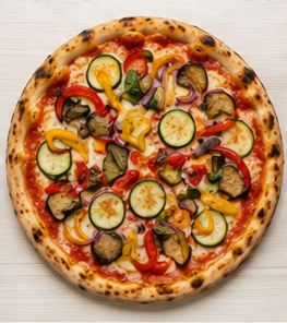 Pizza Vegetariana garnie de légumes grillés, sur assiette